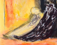 "Tomando un descanso" - Pintura de figura horizontal en negro y colores cálidos.