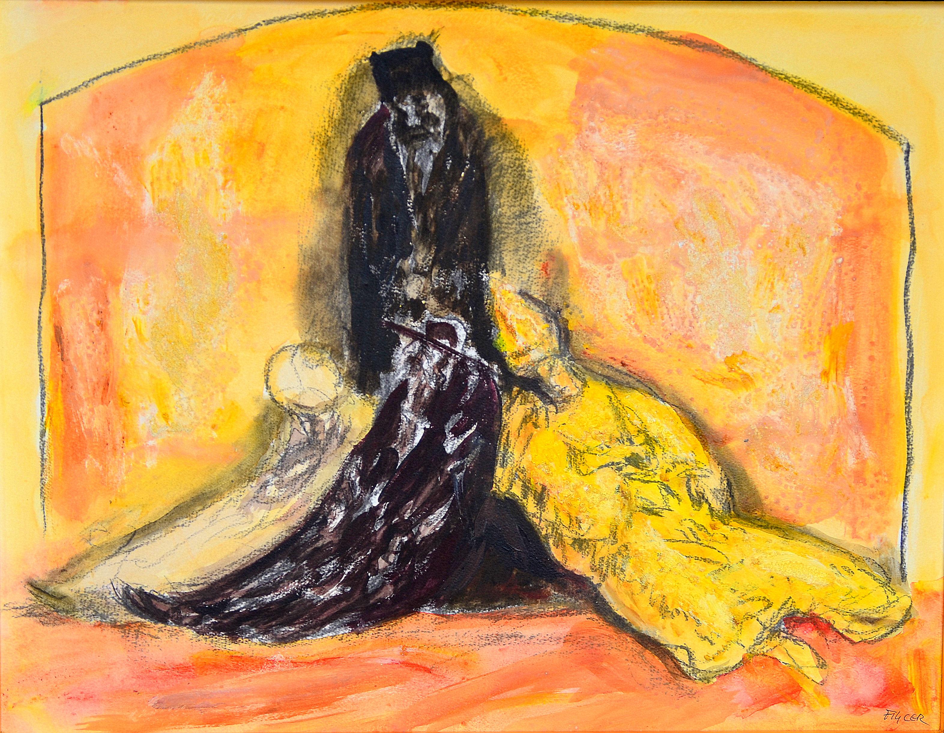 "Tomando un descanso" - Pintura de figura horizontal en negro y colores cálidos.