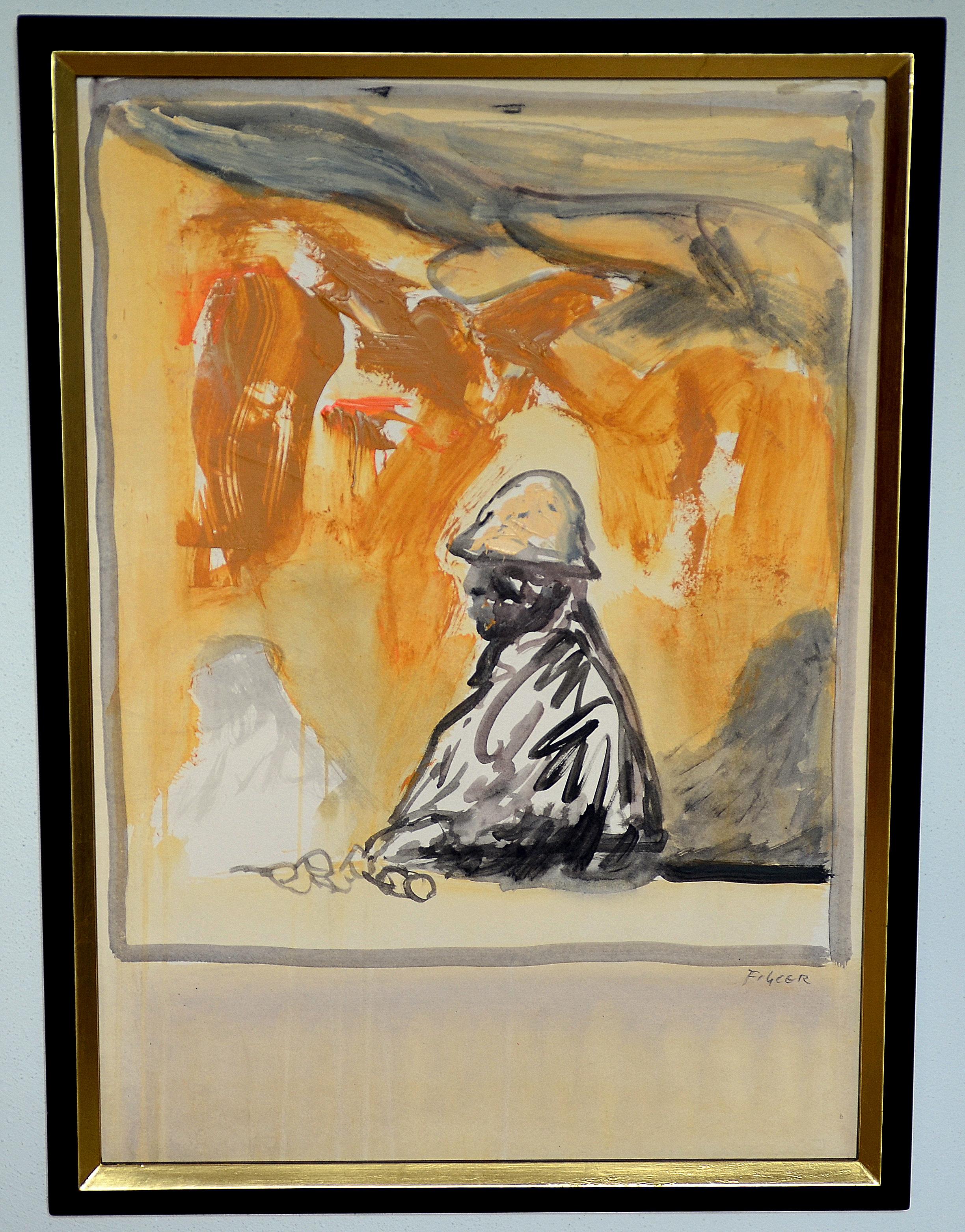 Luis Filcer Figurative Painting - "The Miner" - Vertical framed painting in black and ochre.