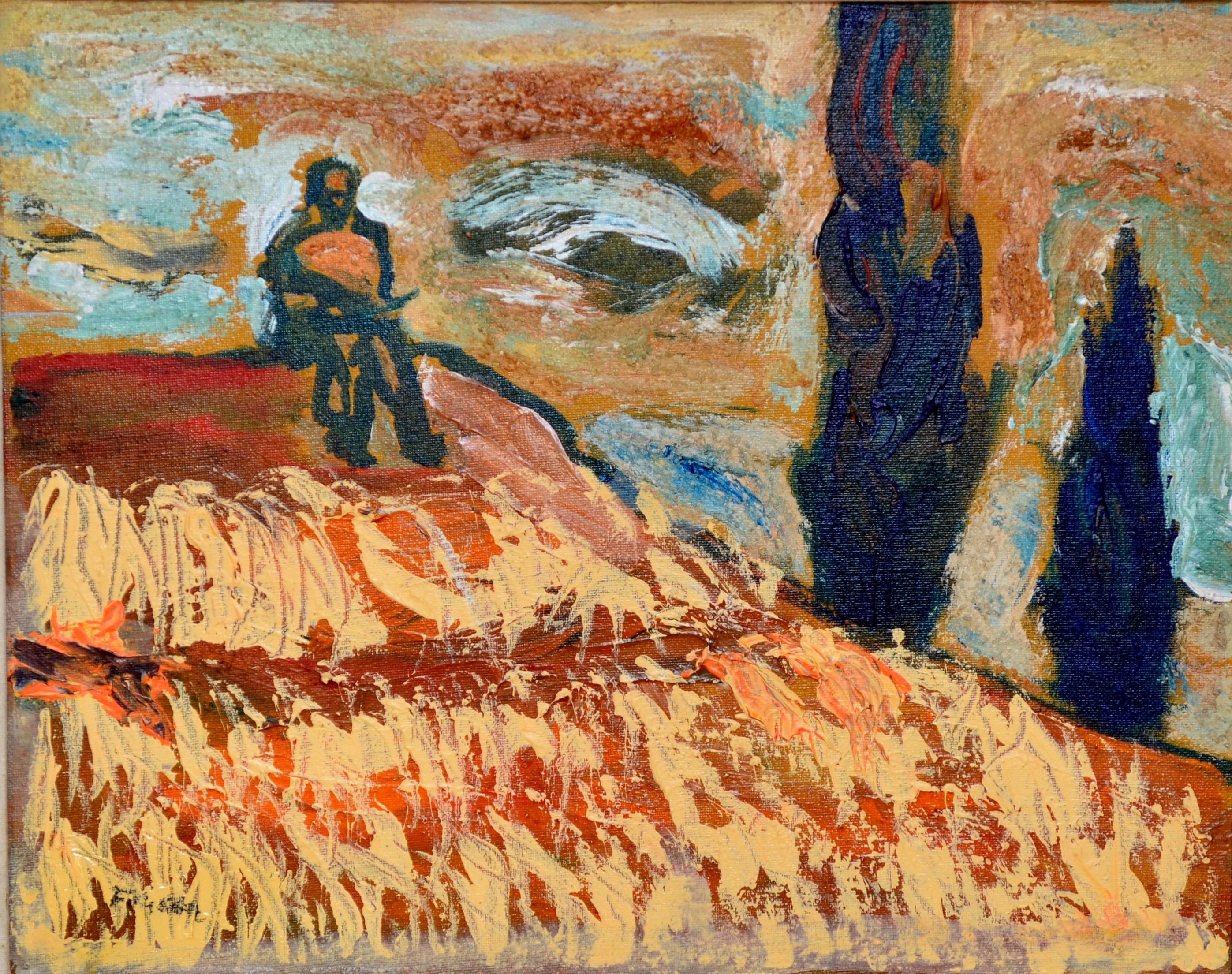 Luis Filcer Landscape Painting - "Van Gogh in the cornfields" - Horizontal landscape with figure in brown tones.