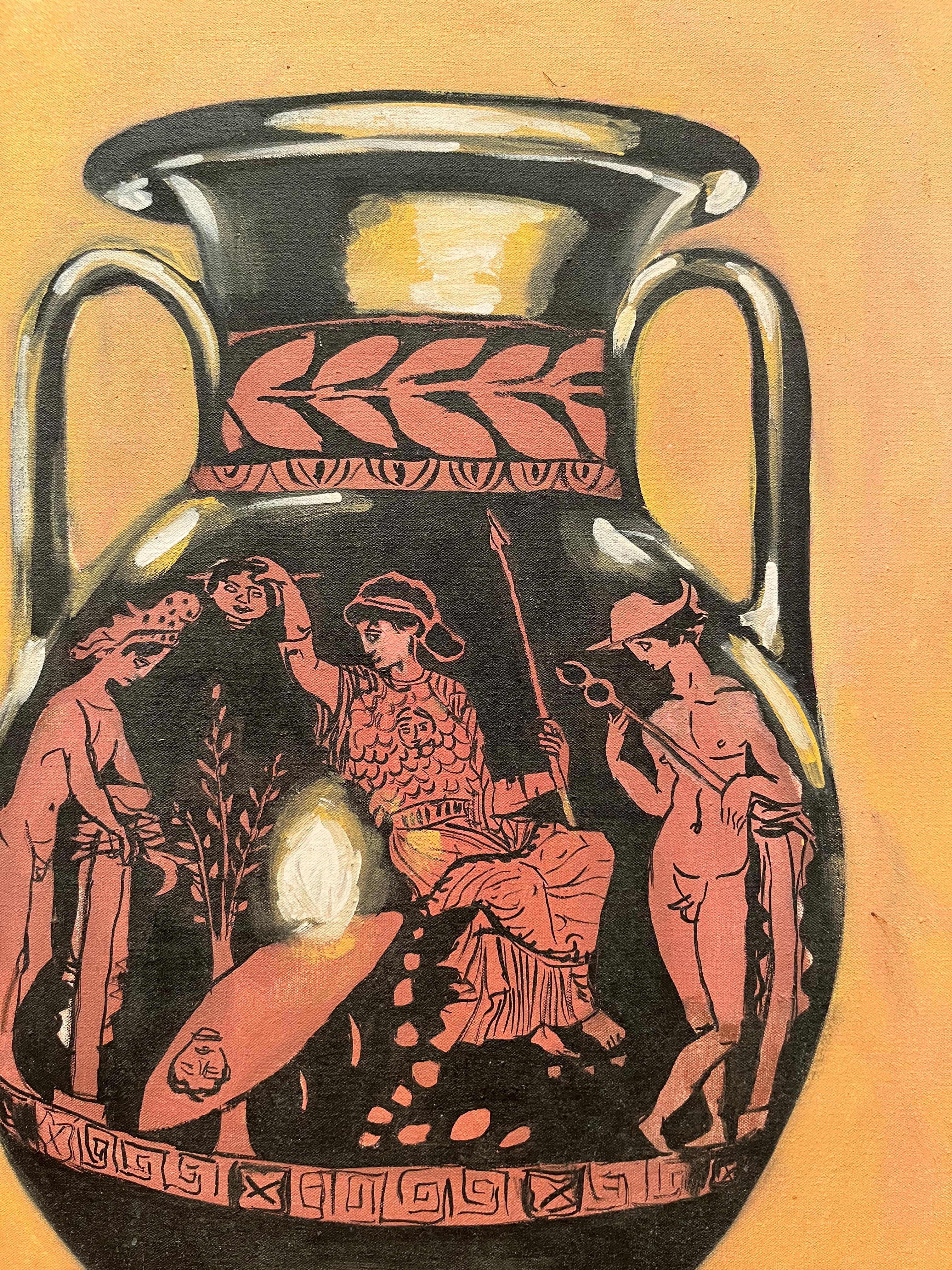 Urne grecque, poterie, contraste, symboles - Orange Still-Life Painting par Luis Frangella