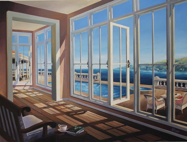 Afternoon Tea With Books Original Interior Landscape Painting Contemporary Art