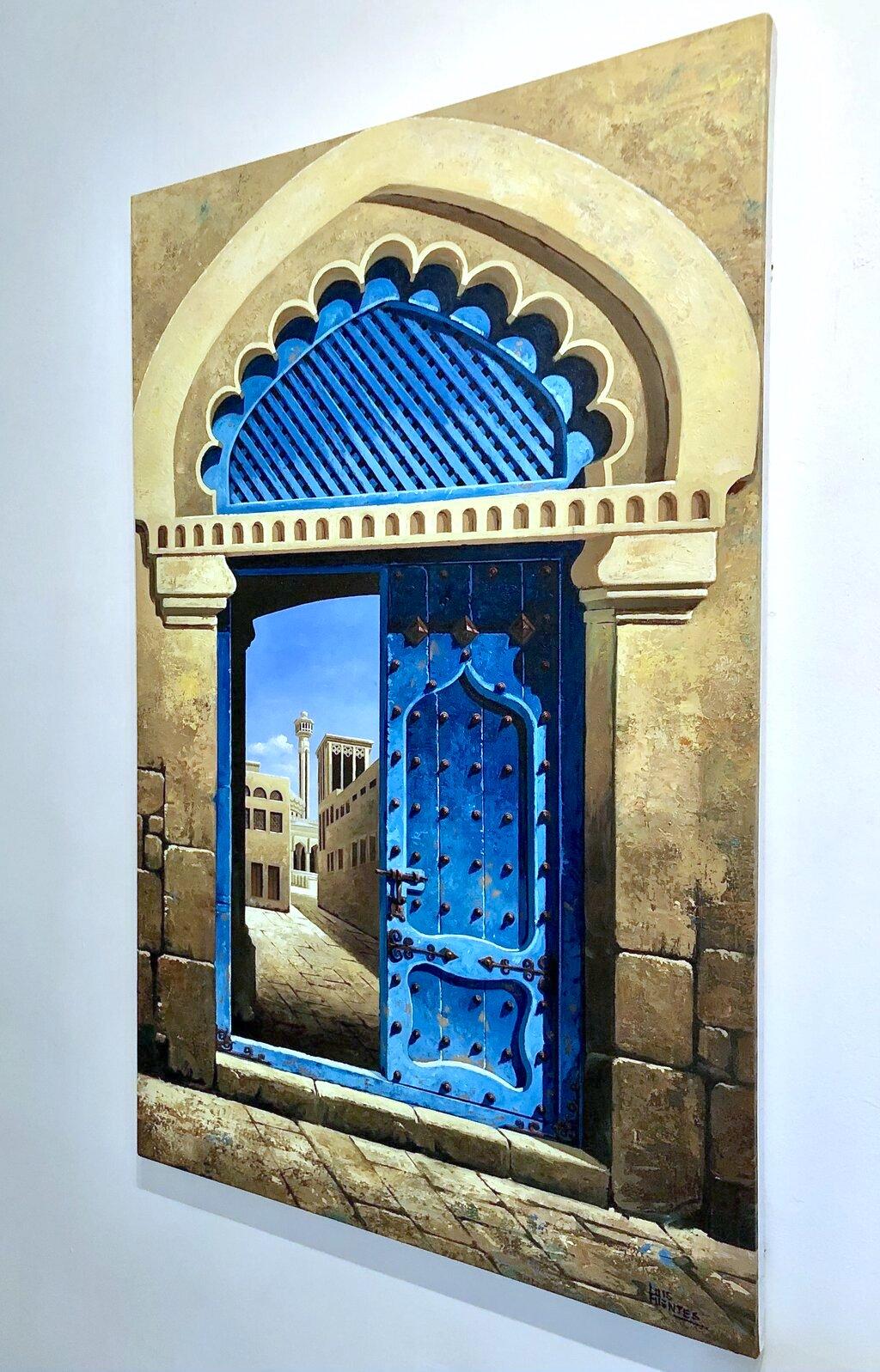 Ancient doors-original surreal realism architecture painting-contemporary Art - Painting by Luis Fuentes