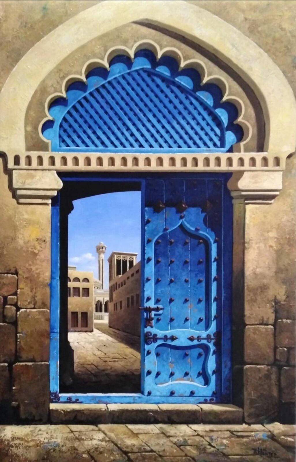 Luis Fuentes Abstract Painting - Ancient doors-original surreal realism architecture painting-contemporary Art