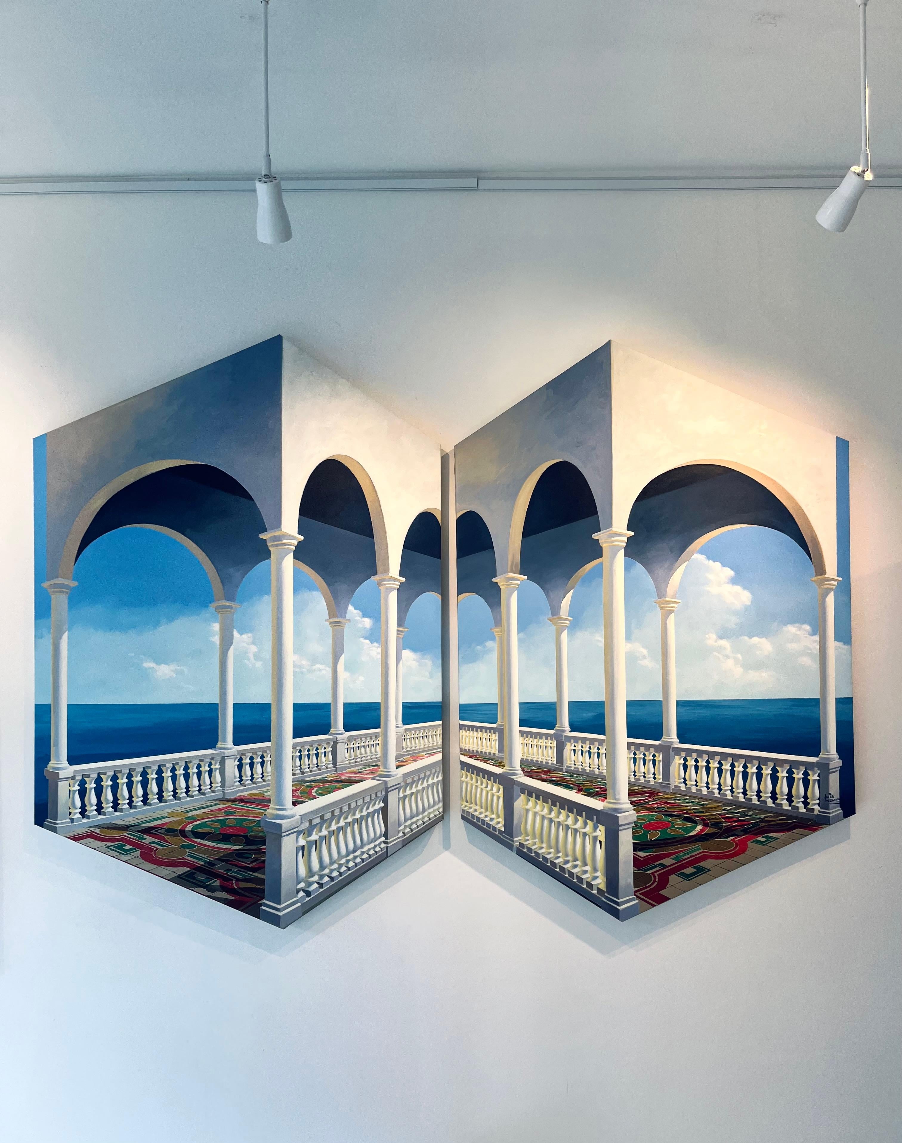 ARCHES ( diptych) - original modern realism seascape oil painting- surreal art - Painting by Luis Fuentes