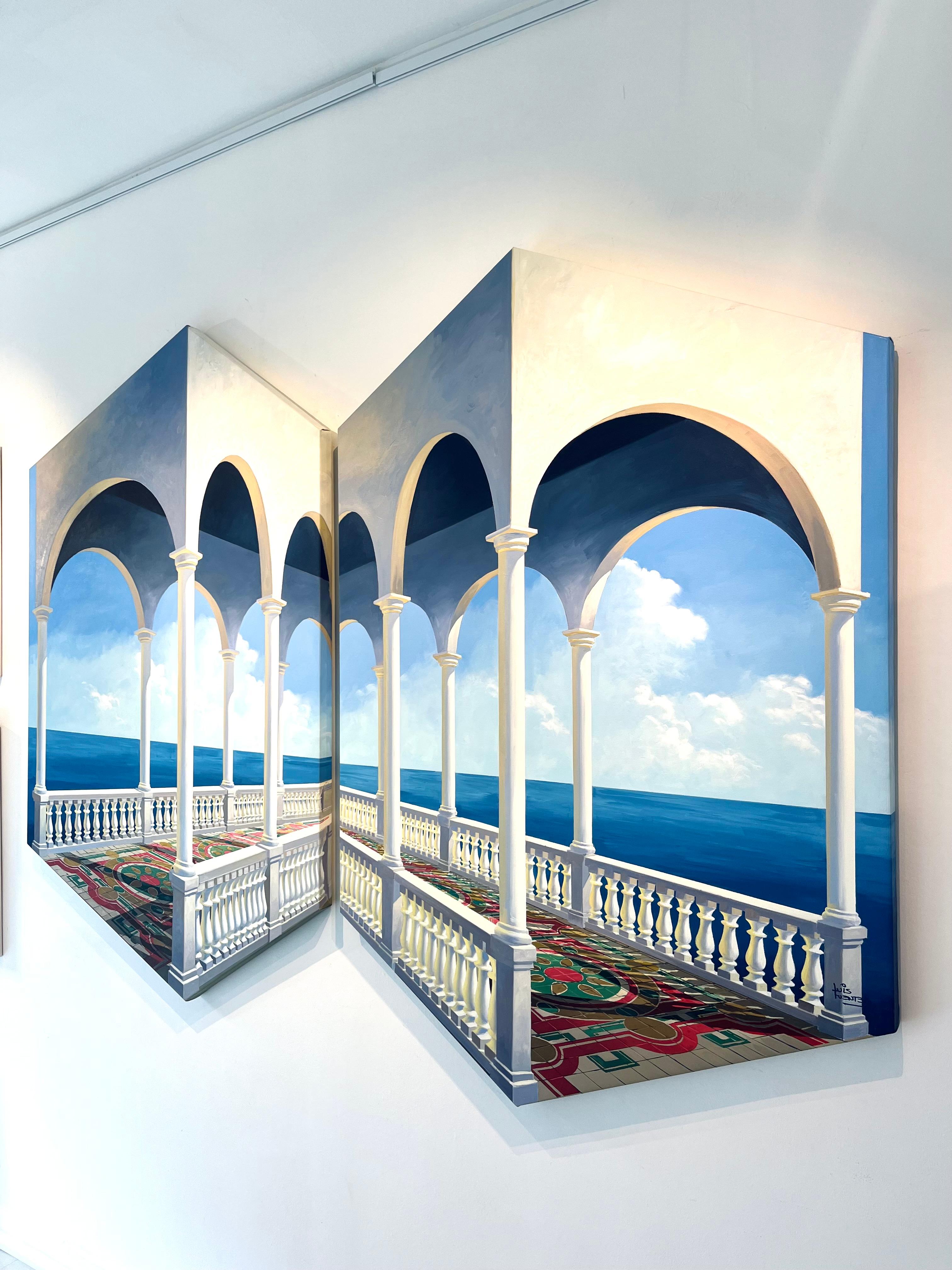 ARCHES ( diptych) - original modern realism seascape oil painting- surreal art - Gray Landscape Painting by Luis Fuentes