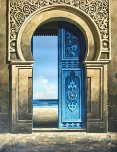 Blue Door to the Sea - blue realism landscape beach artwork modern original art