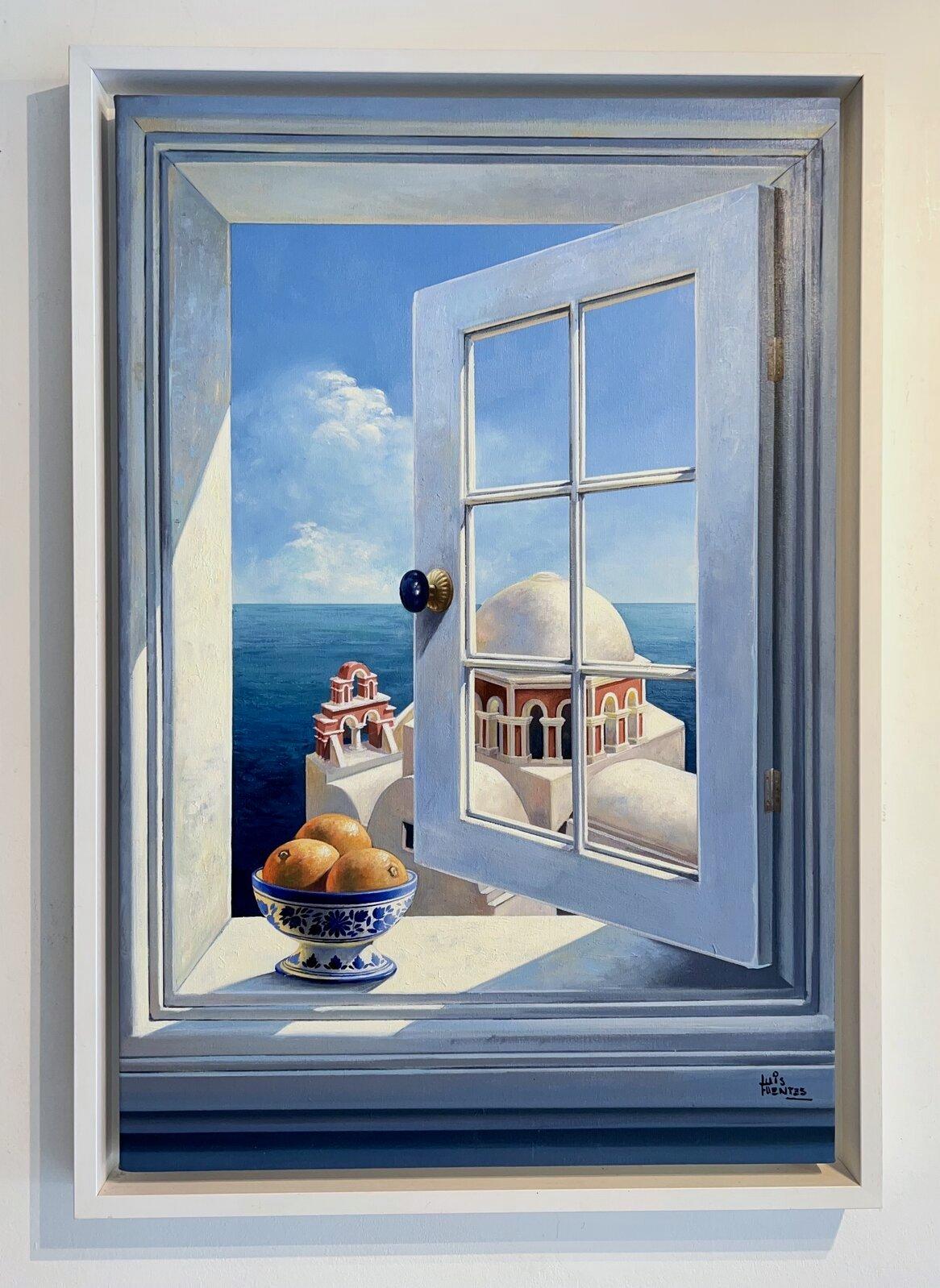 Blue Sky-original surreal realism seascape-architecture-still life oil painting - Painting by Luis Fuentes