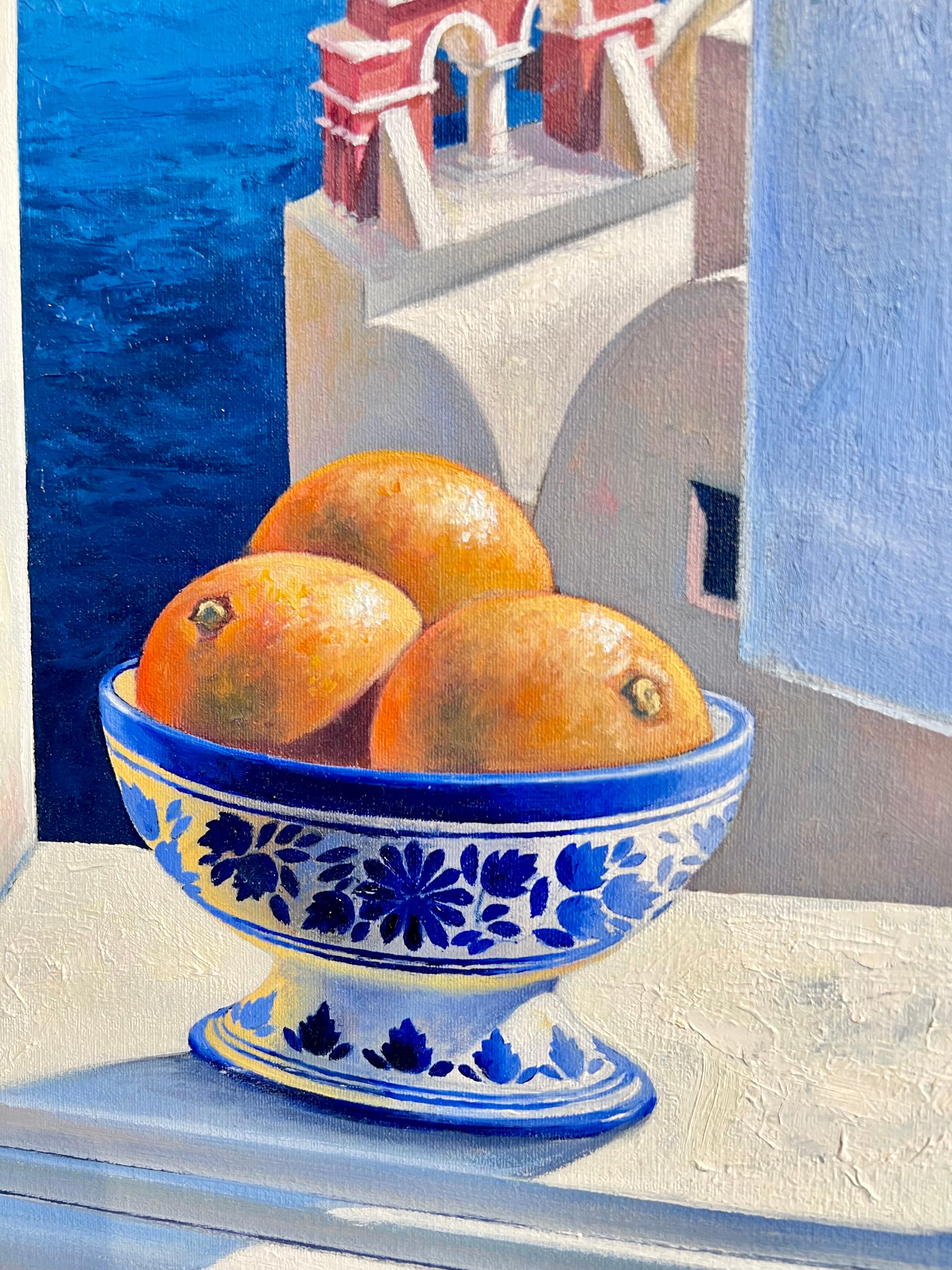 This original oil painting by Luis Fuentes depicts a pleasant scene, featuring jucy Oranges  accompanied by glorious summer lighting streaming through the windows. Painted on stretched canvas, rich shadows and bright highlights introduce the