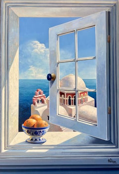 Vintage Blue Sky-original surreal realism seascape-architecture-still life  painting-Art