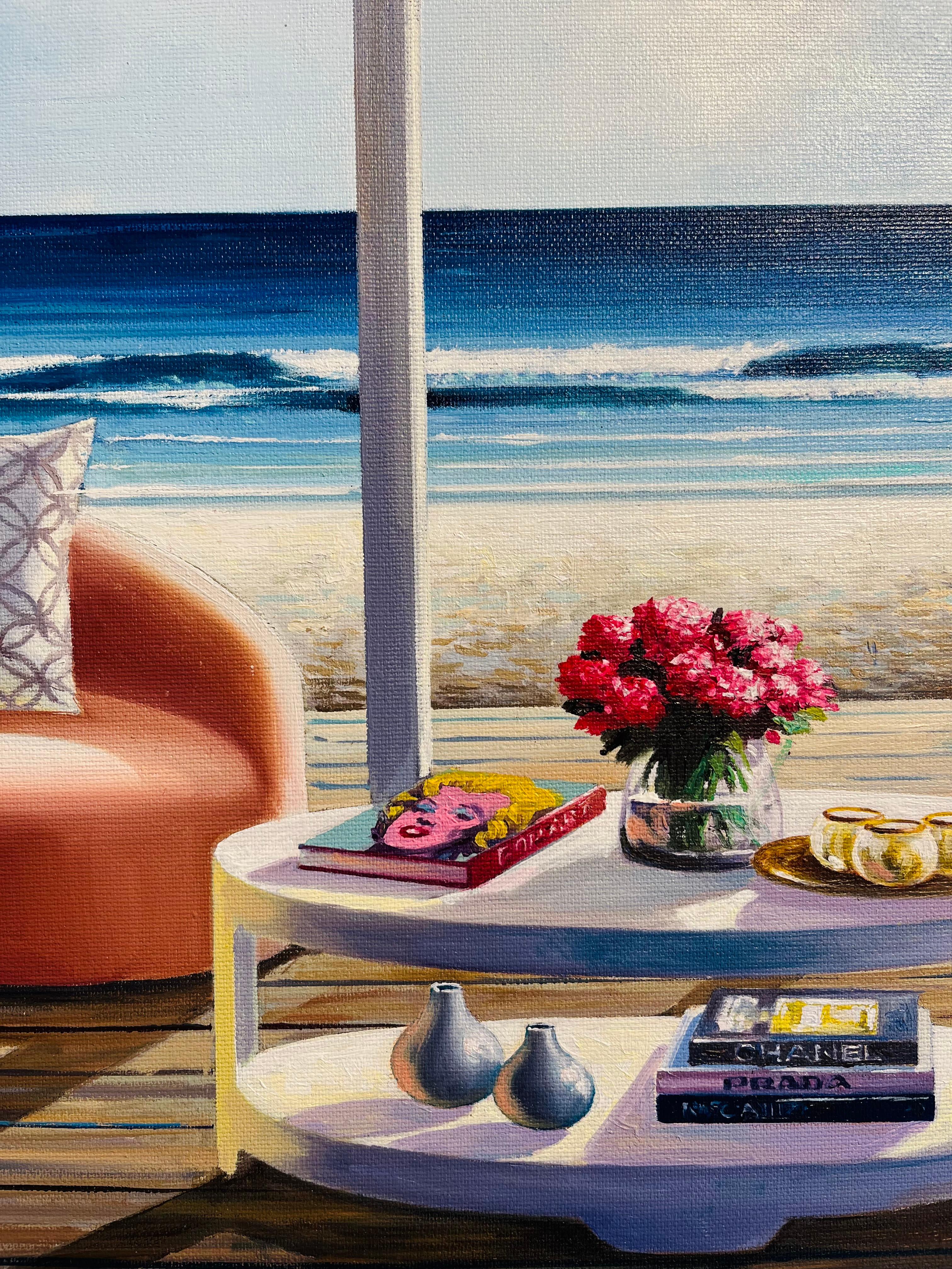 Books and Flowers-original surreal still life-interior-seascape oil painting-Art - Painting by Luis Fuentes