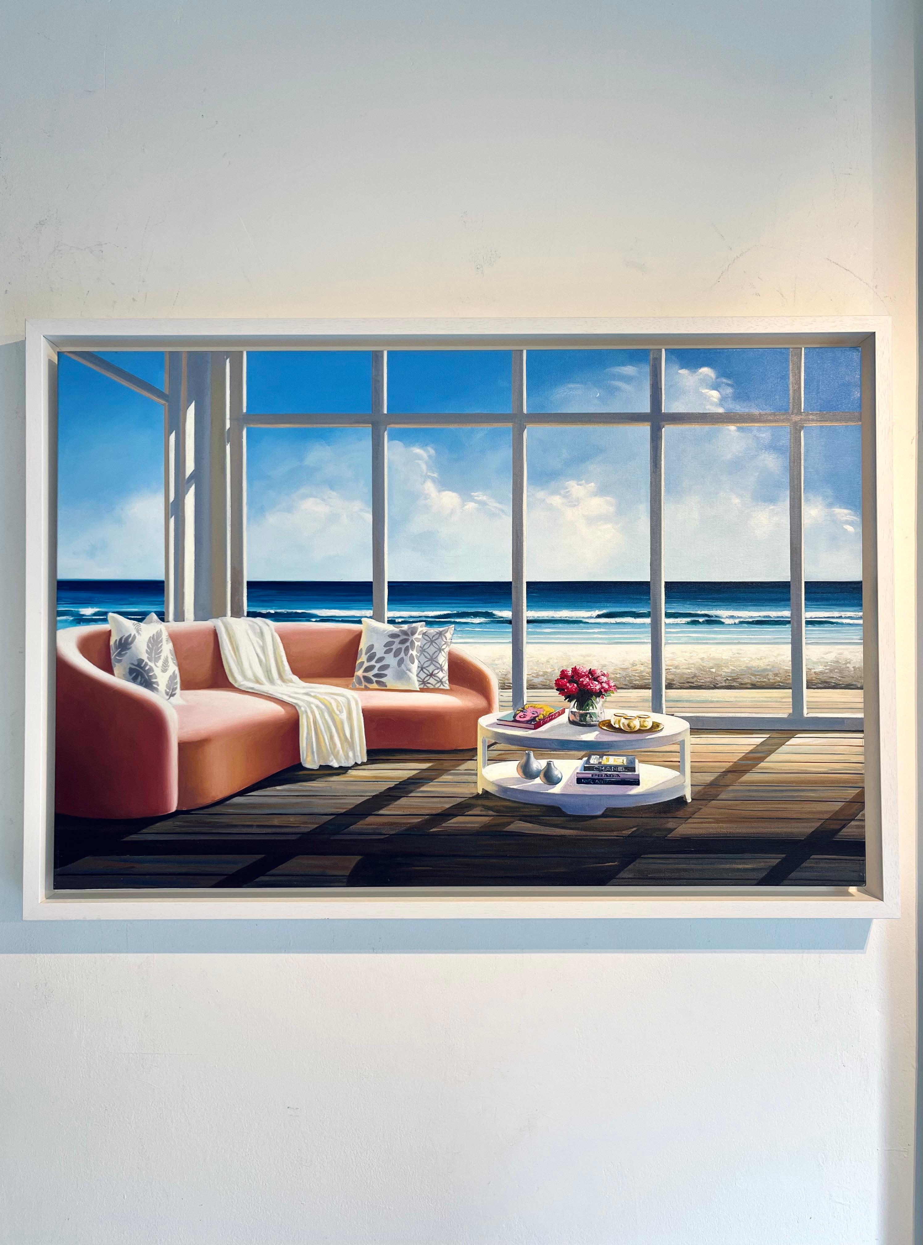Books and Flowers-original surreal still life-interior-seascape oil painting-Art - Surrealist Painting by Luis Fuentes