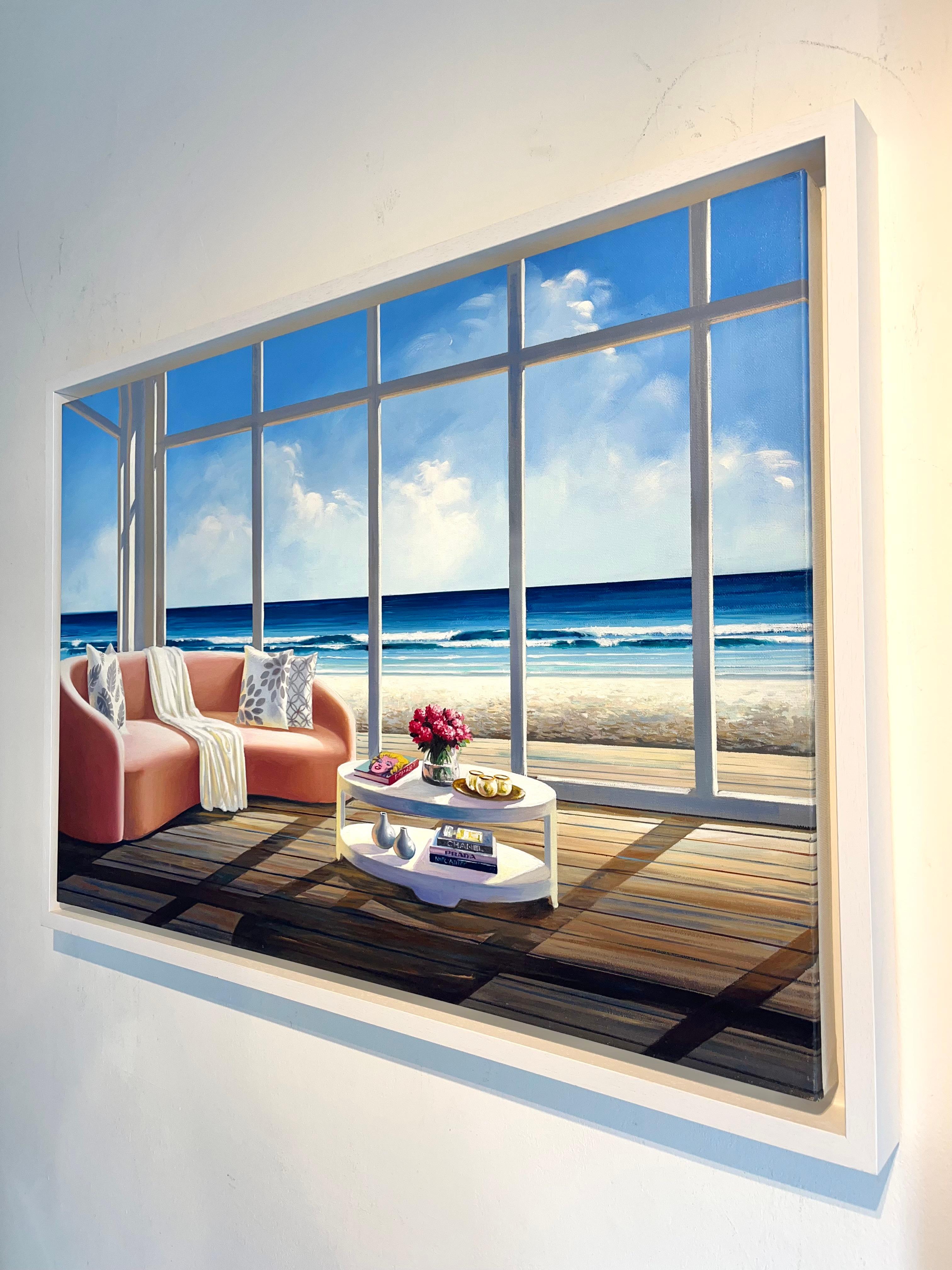 Books and Flowers-original surreal still life-interior-seascape oil painting-Art - Gray Still-Life Painting by Luis Fuentes