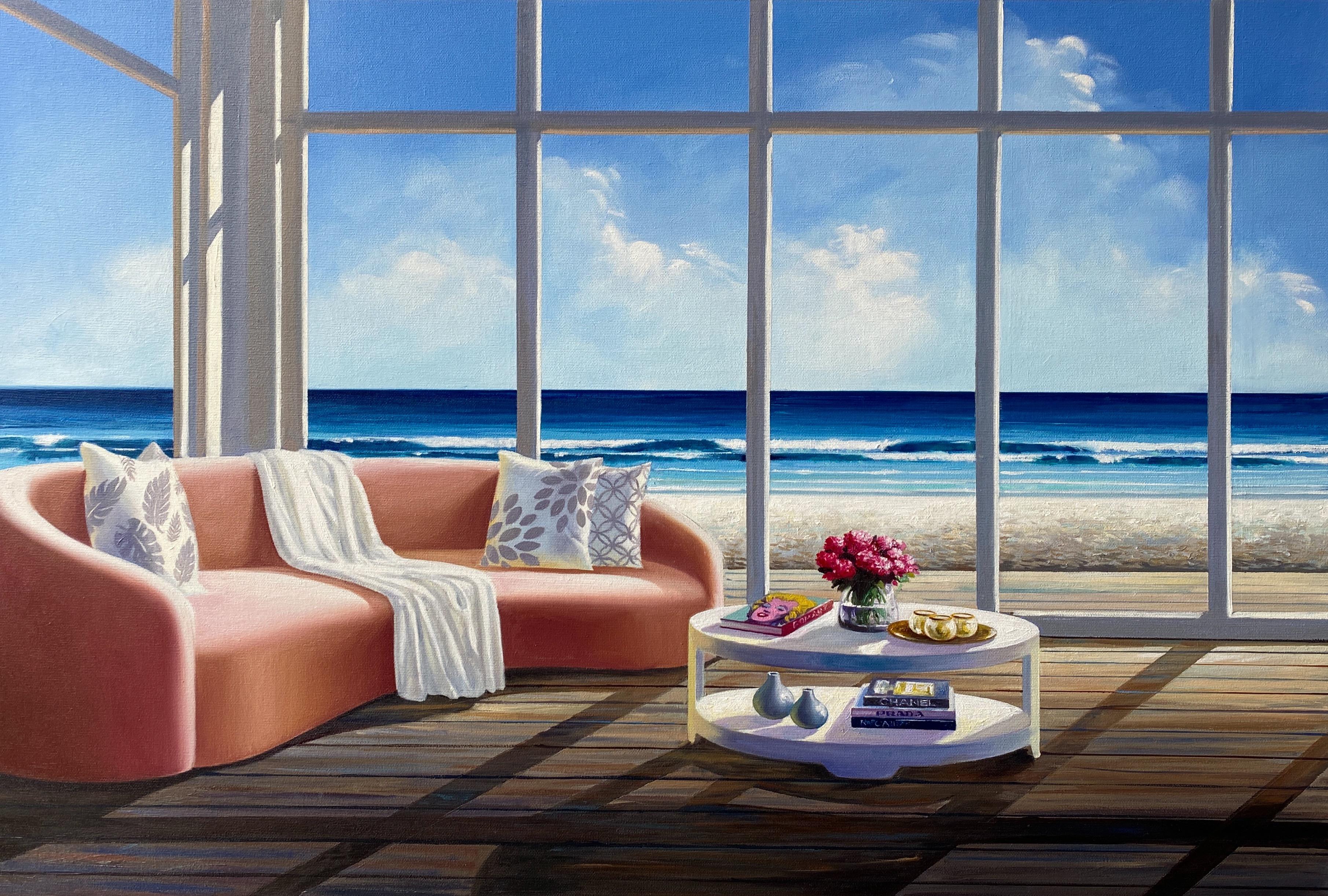 Books and Flowers-original surreal still life-interior-seascape oil painting-Art