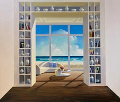 Bookshelf with View - Surrealist Realism artwork oil paint contemporary interior