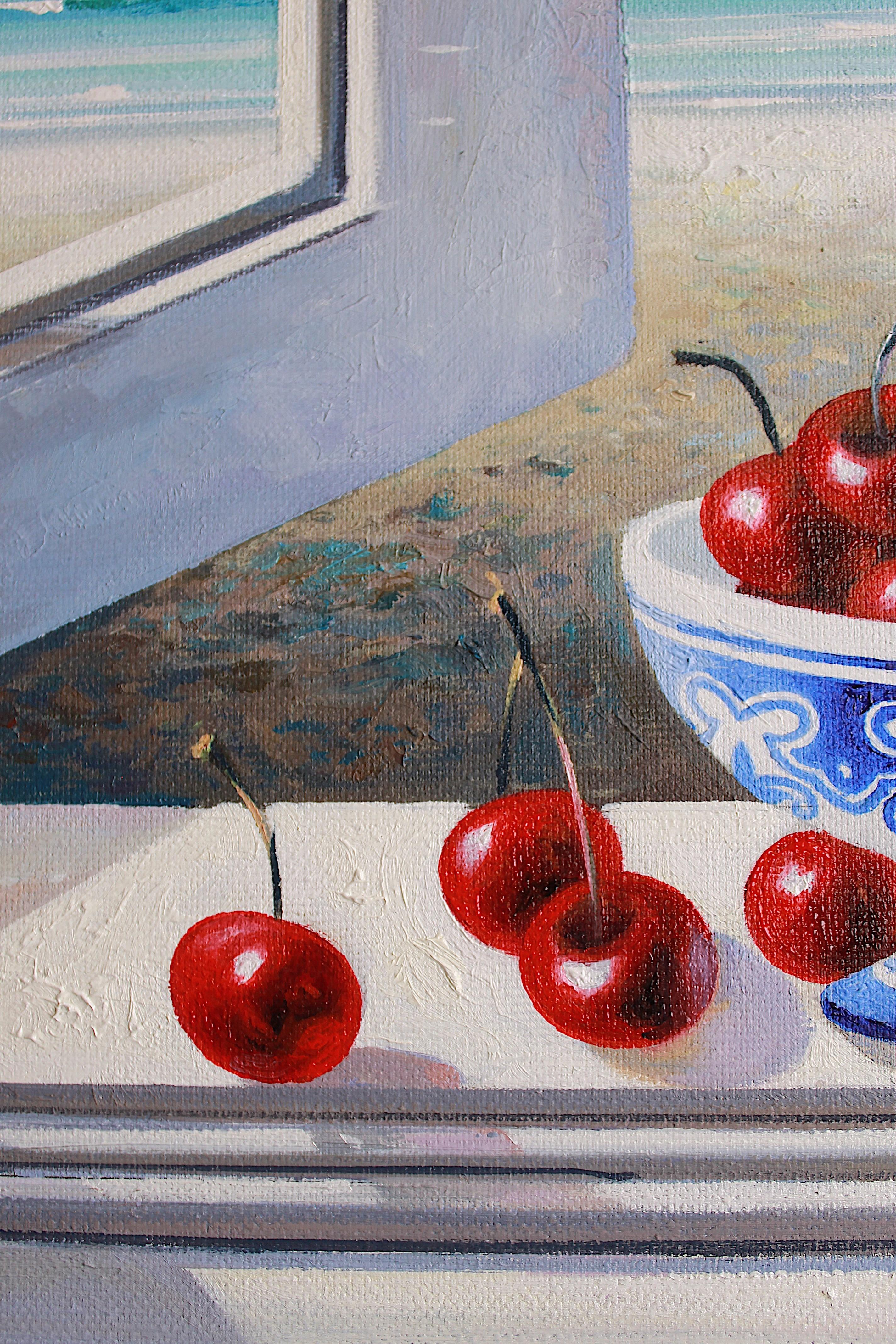 Cherries on the window - Original oil painting - Contemporary art - Painting by Luis Fuentes