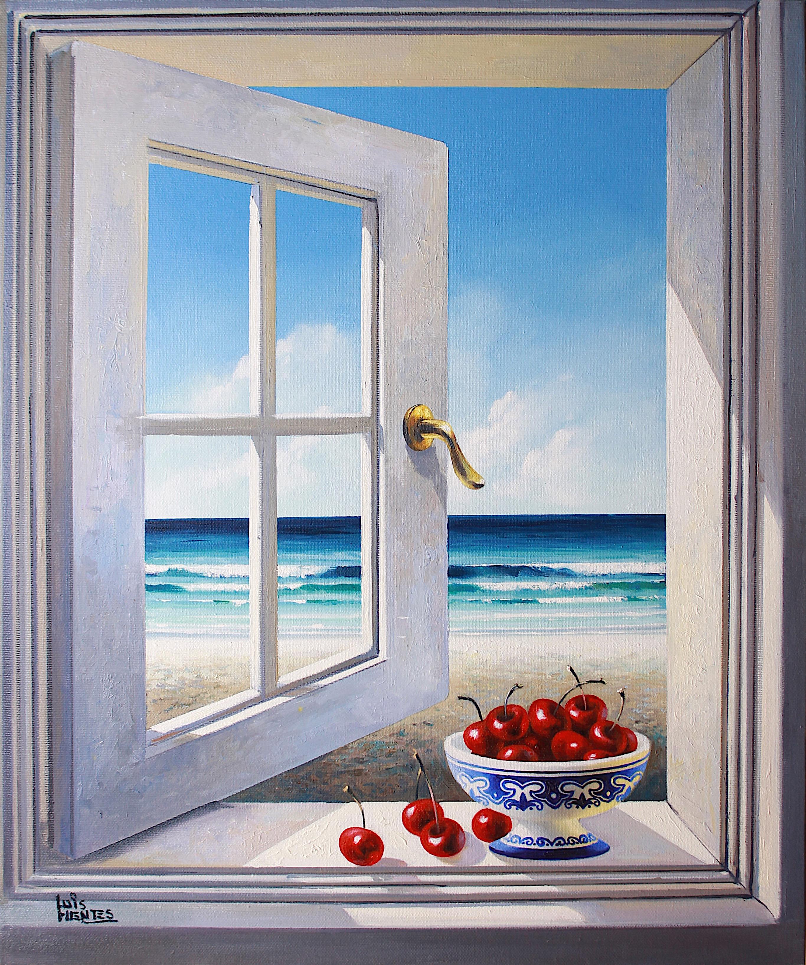 Luis Fuentes Landscape Painting - Cherries on the window - Original oil painting - Contemporary art