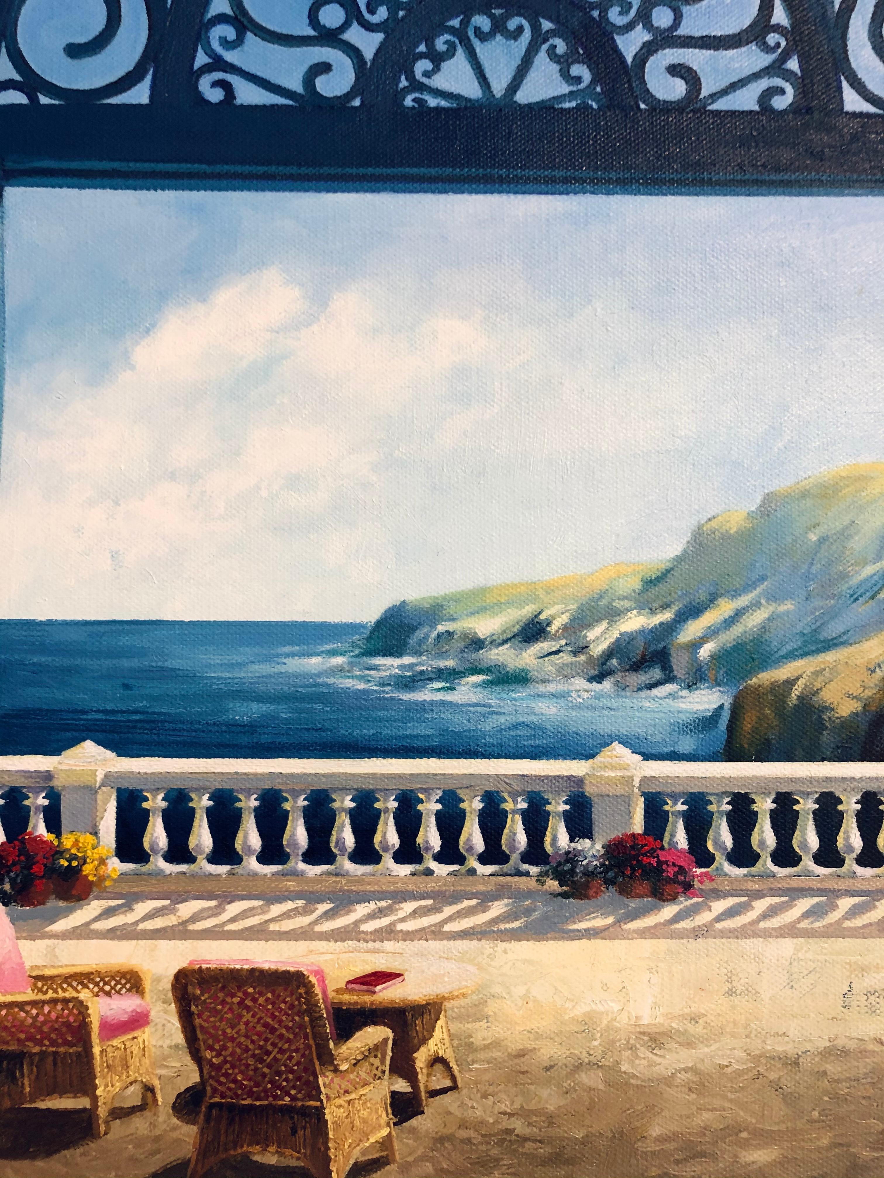 The original impressionism painting by Luis Fuentes is painted on canvas. The artist creates a cheerful composition of a sea view with cliffs and terrace, perceived from the inviting position of an open window. The viewer is enticed to observe a