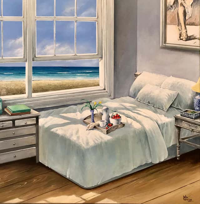 Luis Fuentes - Window with Peonies - seascape ocean landscape floral