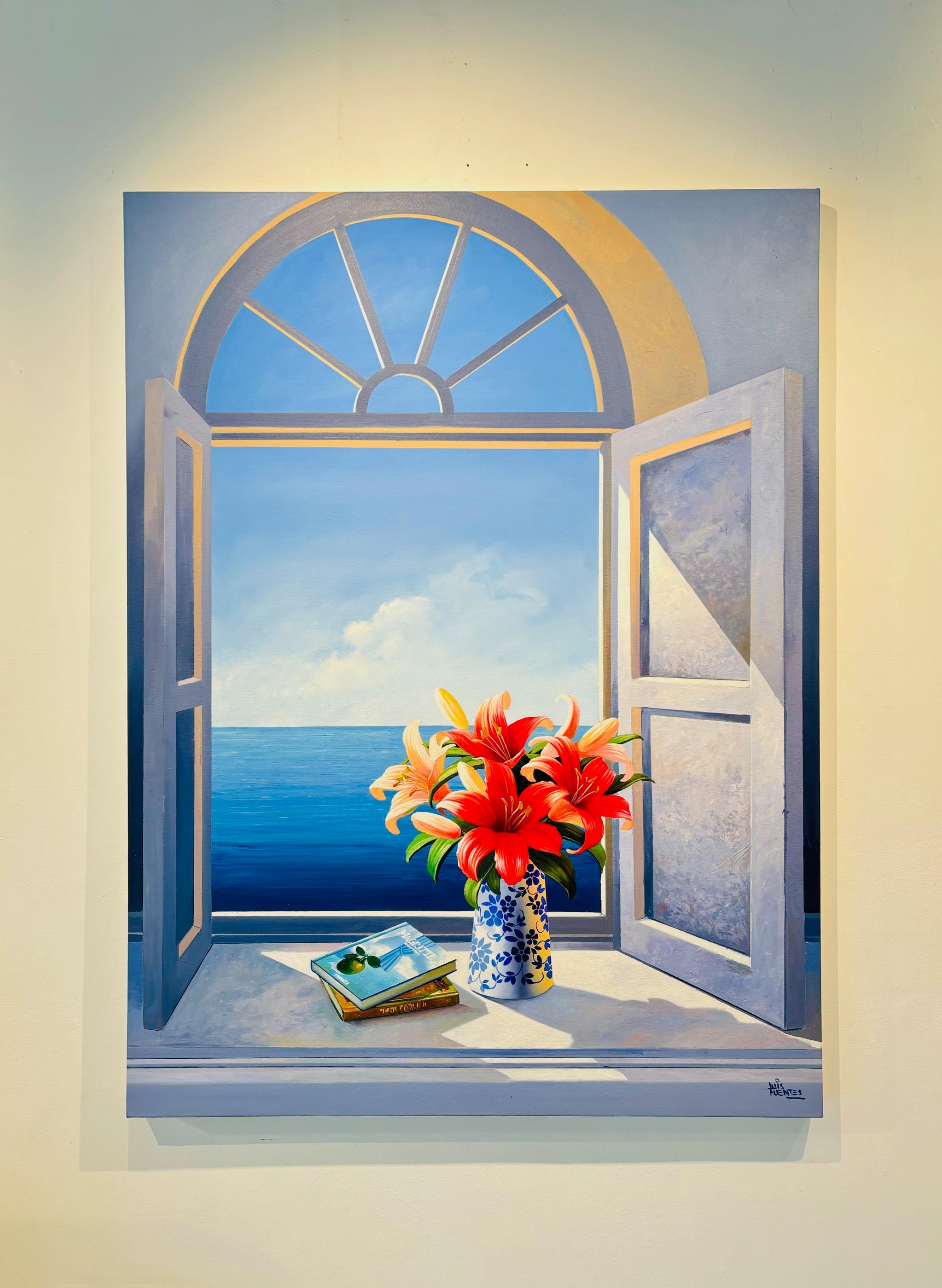 Brisa mediterránea - pintura al óleo original de realismo surrealista paisaje marino floral - Painting de Luis Fuentes