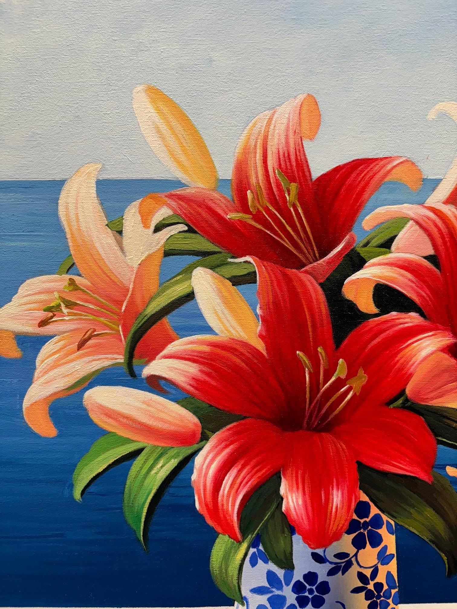 Brezza mediterranea - pittura ad olio originale surreale e realistica di paesaggi marini floreali - Still-Life Painting Grigio di Luis Fuentes
