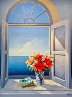 Mediterranean Breeze - original surreal realism seascape floral oil painting