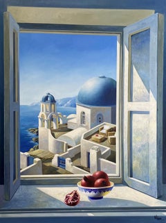 Mediterranean View - original interior window fruit still life realist painting