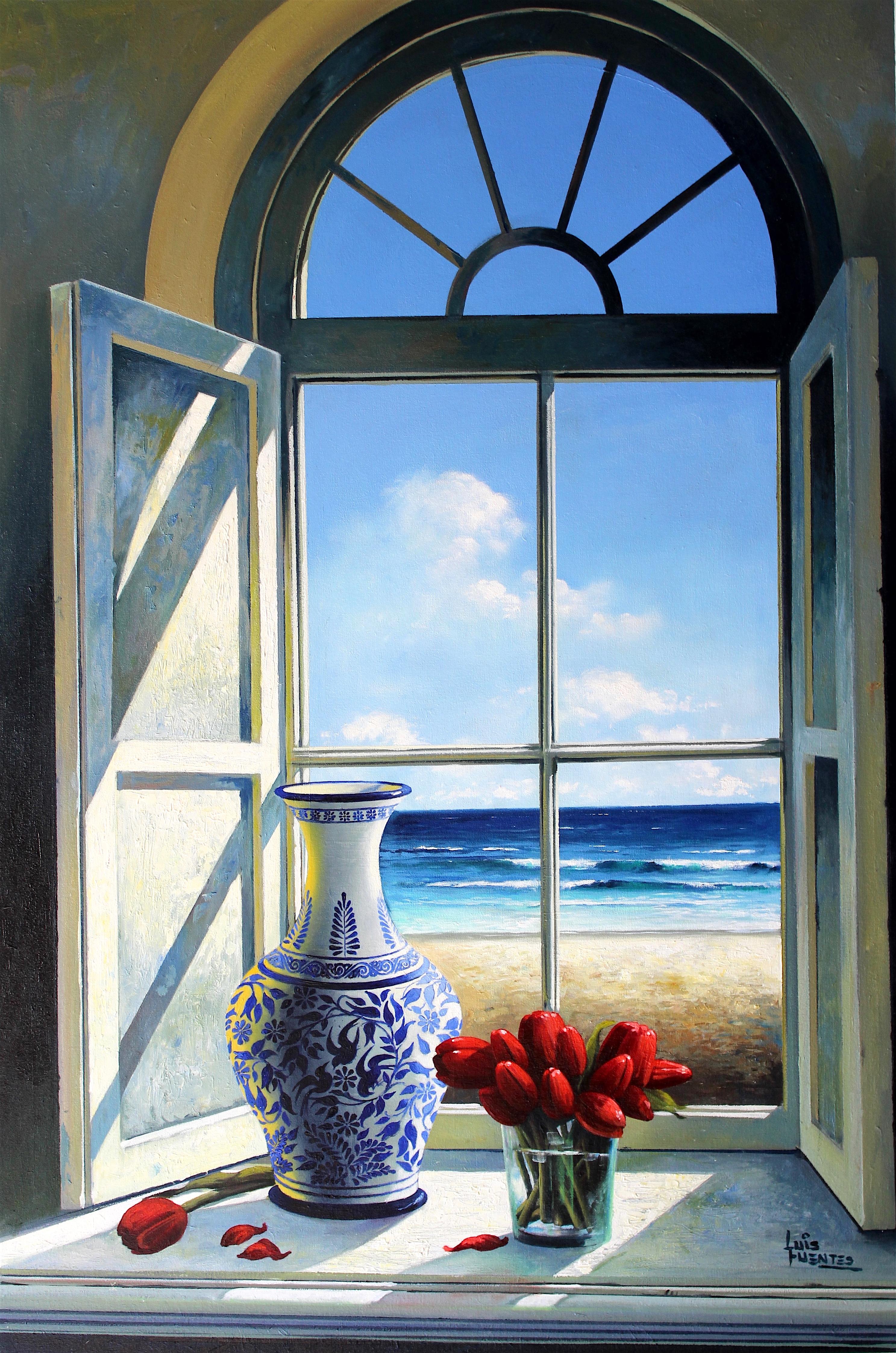 Luis Fuentes Landscape Painting - Open Window with Chinese Vase original Sea Landscape painting