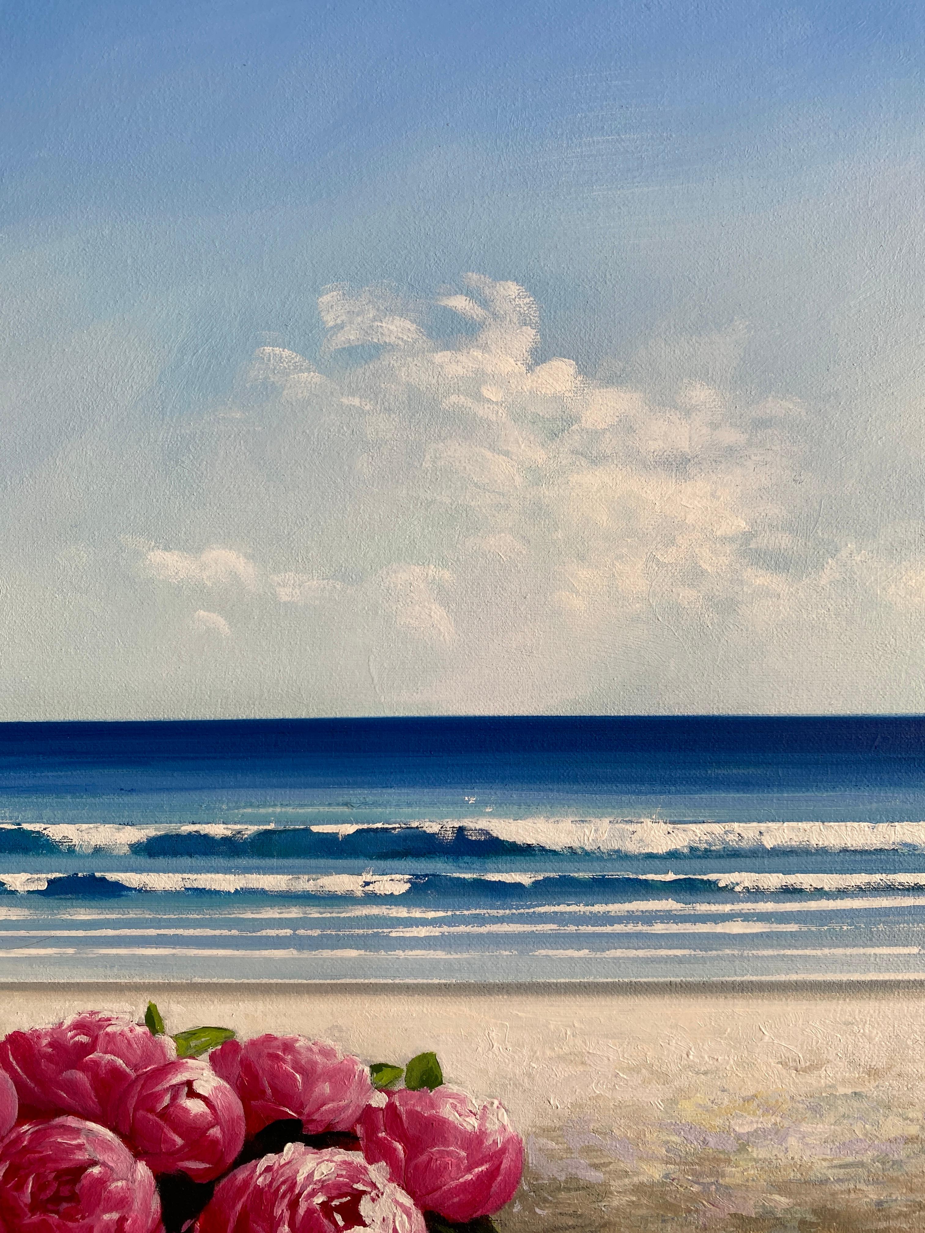 Peonies and the sea - Original seascape - Oil painting - Painting by Luis Fuentes