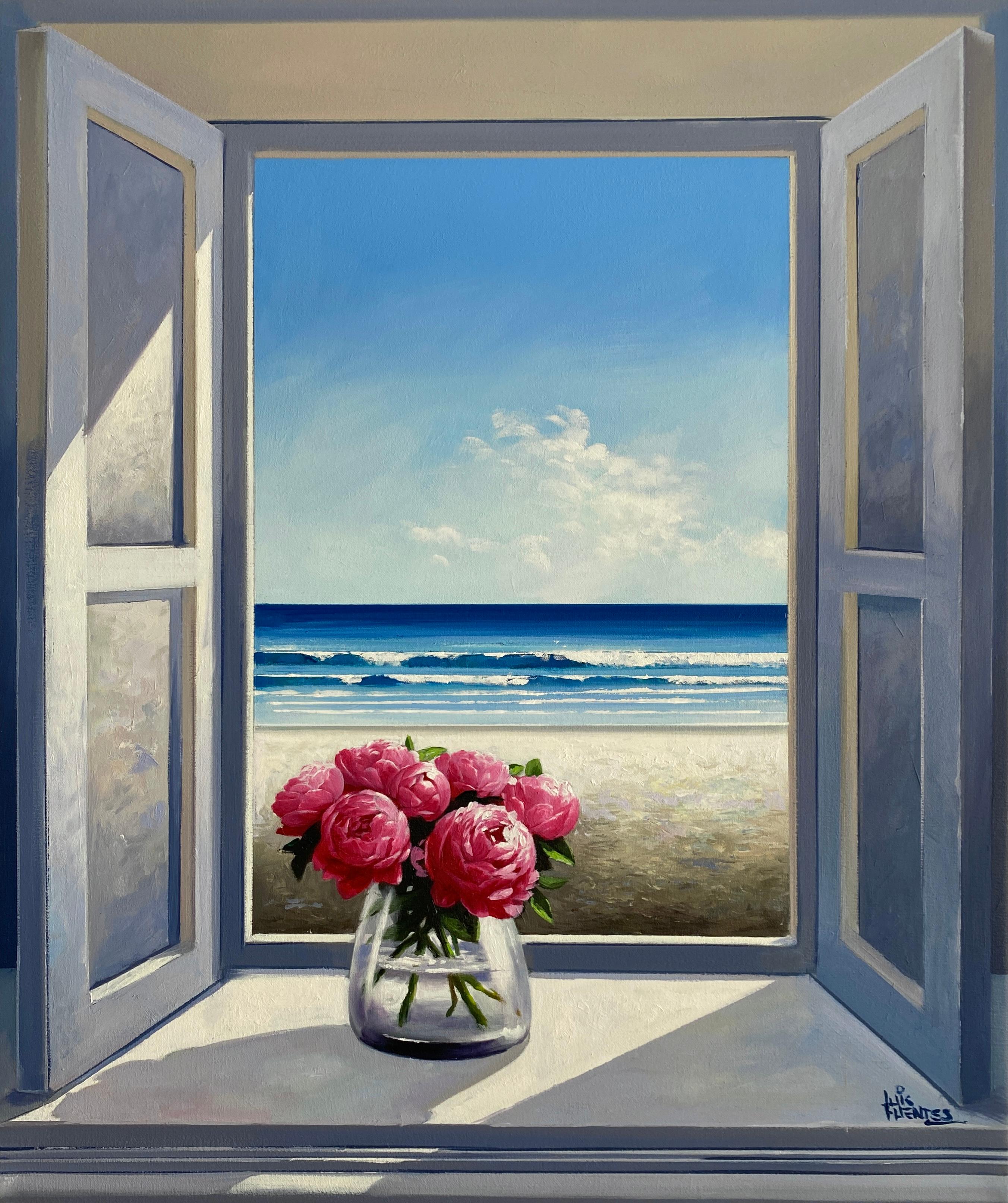 Luis Fuentes Landscape Painting - Peonies and the sea - Original seascape - Oil painting