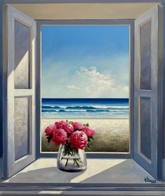 Peonies and the sea - Original seascape - Oil painting