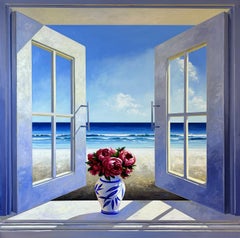 PEONIES - original still life seascape oil painting- modern surreal realism art