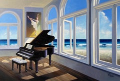 Piano Room -original interior sea landscape still life realism oil painting 