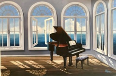 Piano Room - original surrealism musical seascape oil painting Contemporary art