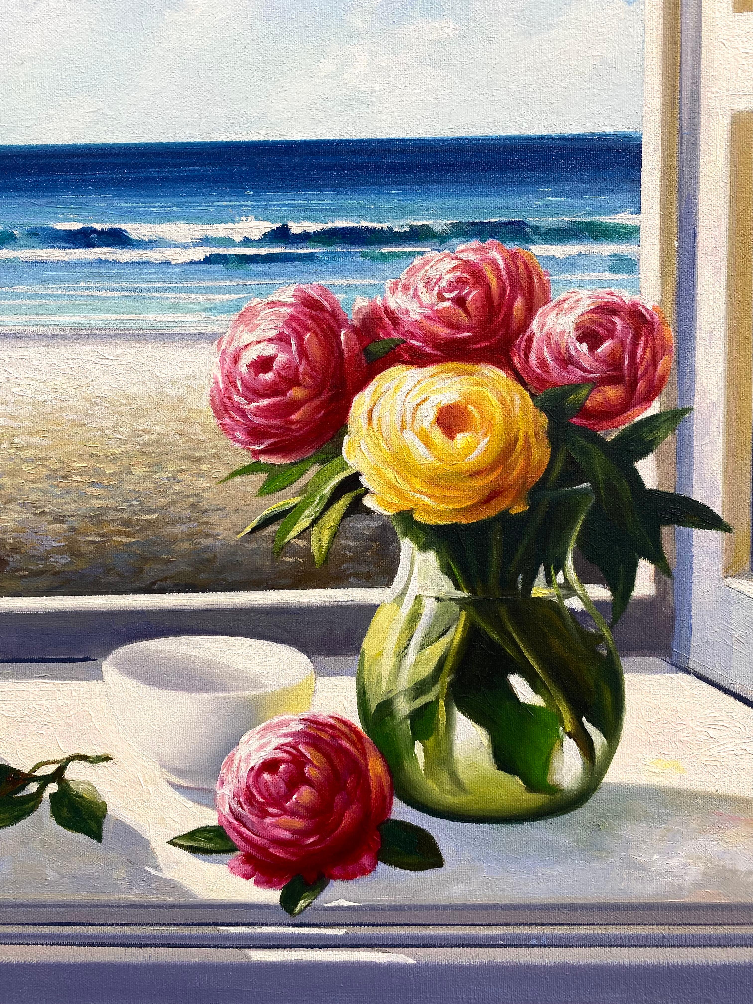 Pink peonies - original seascape oil painting - Painting by Luis Fuentes