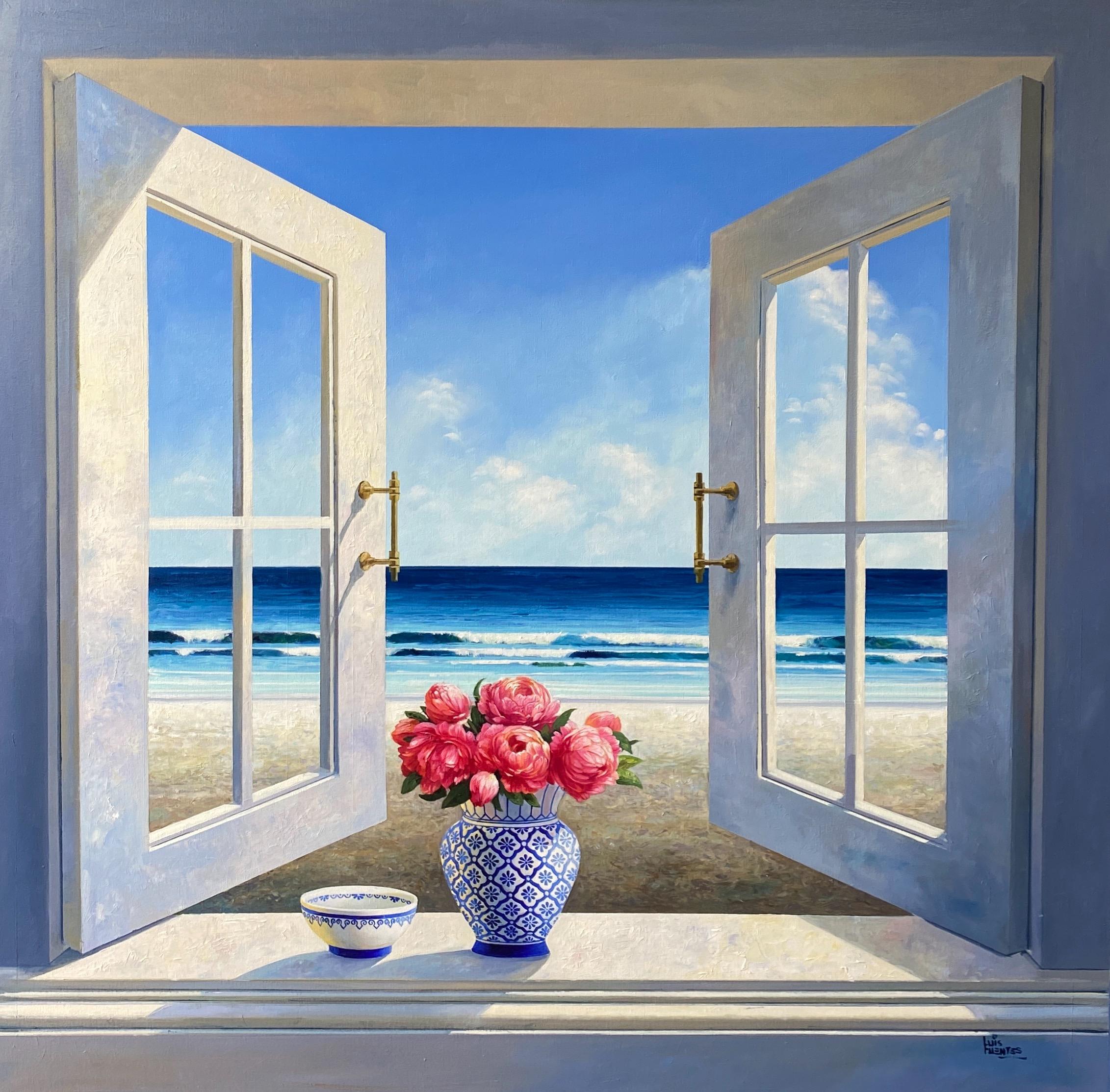 Luis Fuentes Figurative Painting - Summer view with peonies - Original oil painting - Contemporary art