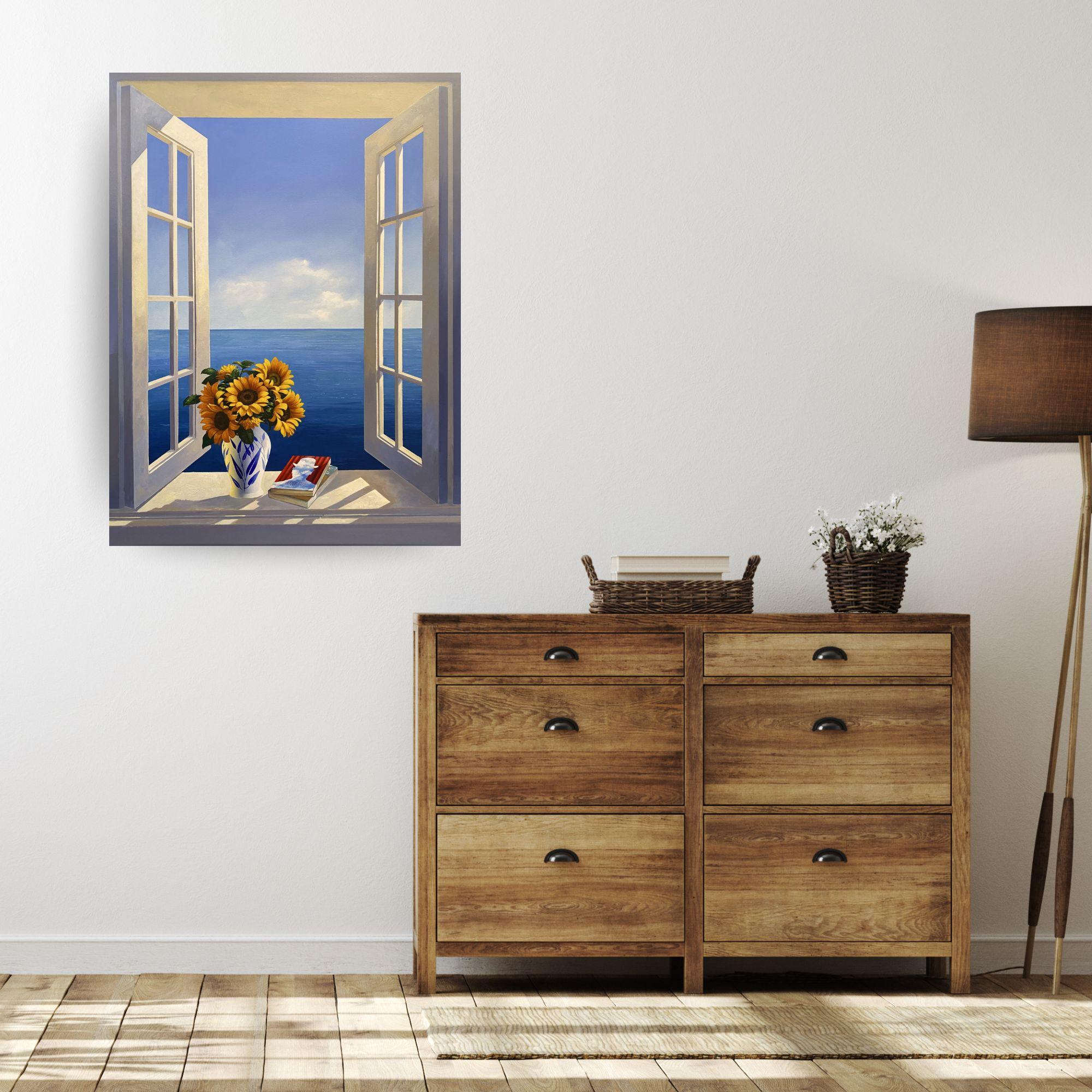 Sunflowers and Stories - original surreal realism seascape floral oil painting - Painting by Luis Fuentes