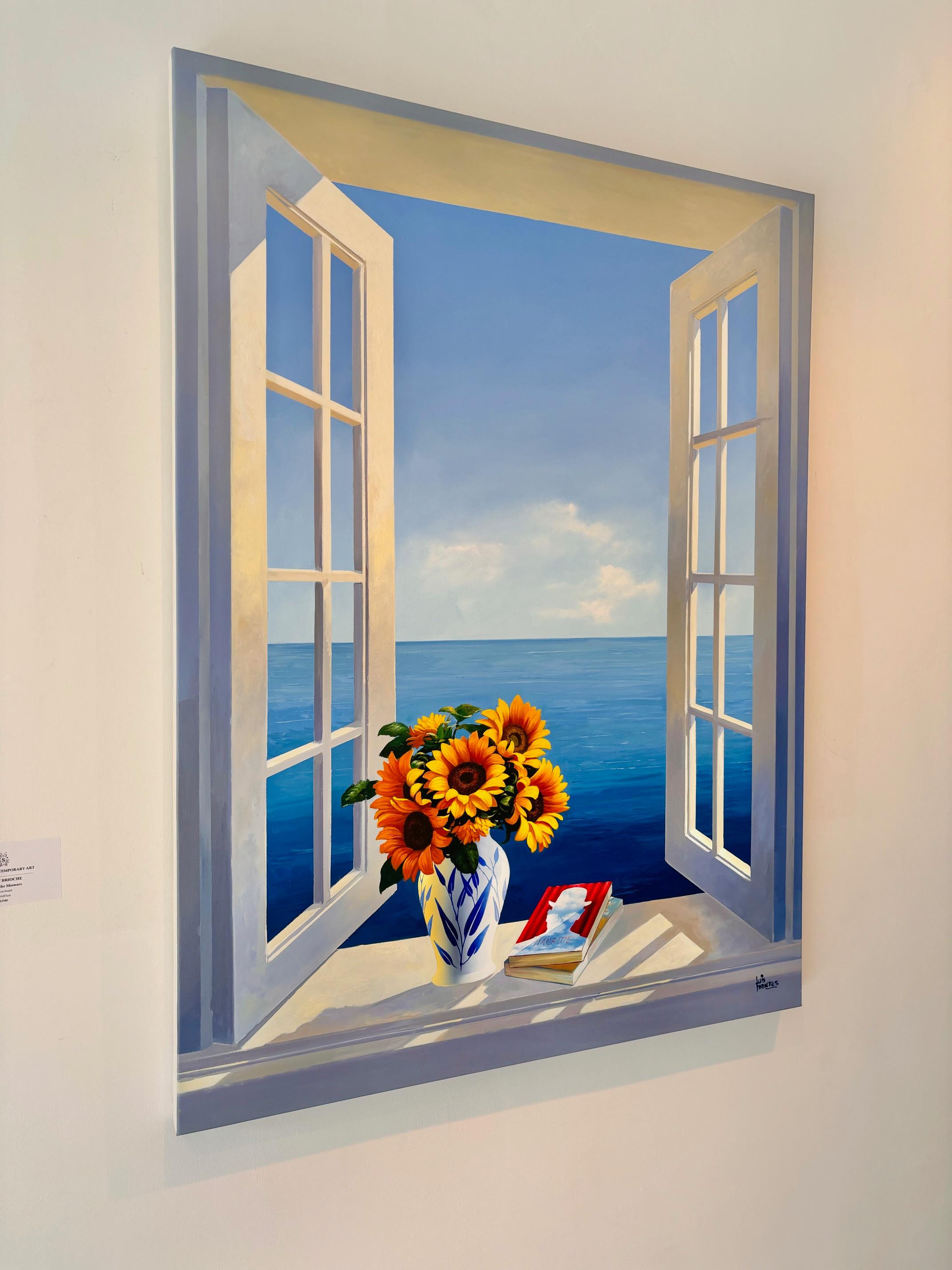 Sonnenblumen und Geschichten - Originales Ölgemälde mit Blumenmotiven aus dem surrealen Realismus, Meereslandschaft (Grau), Landscape Painting, von Luis Fuentes