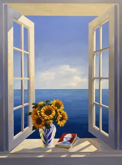 Sunflowers and Stories - original surreal realism seascape floral oil painting