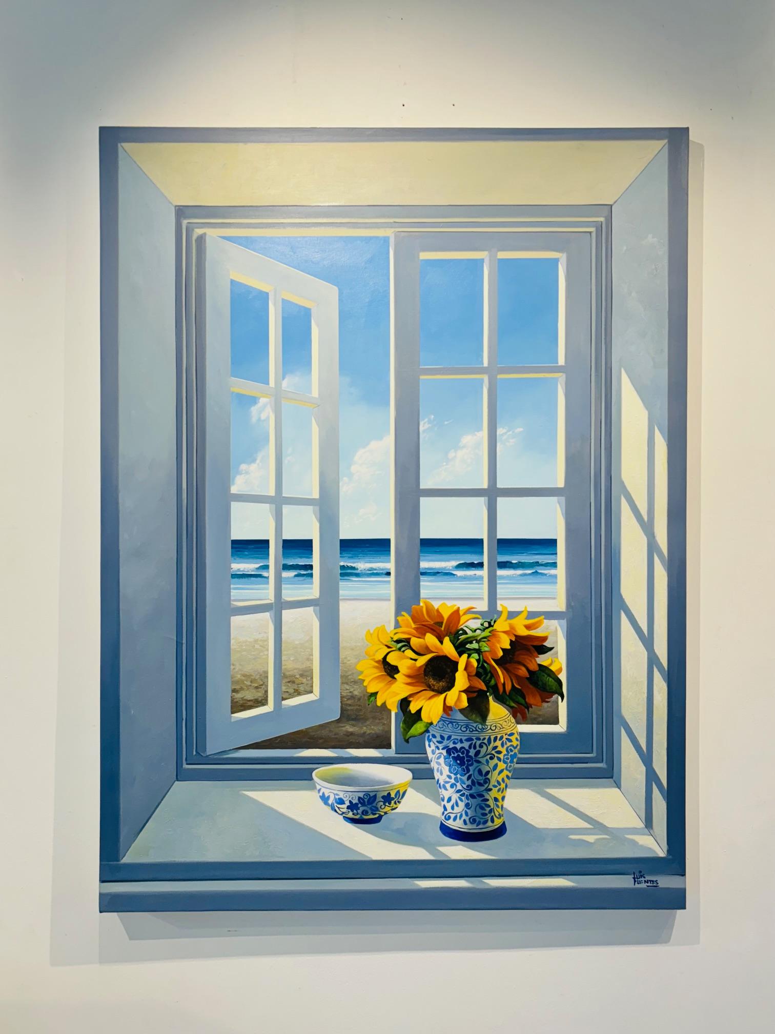 Sunlit Shores - pittura ad olio originale surreale e realistica di paesaggi marini floreali - Painting di Luis Fuentes
