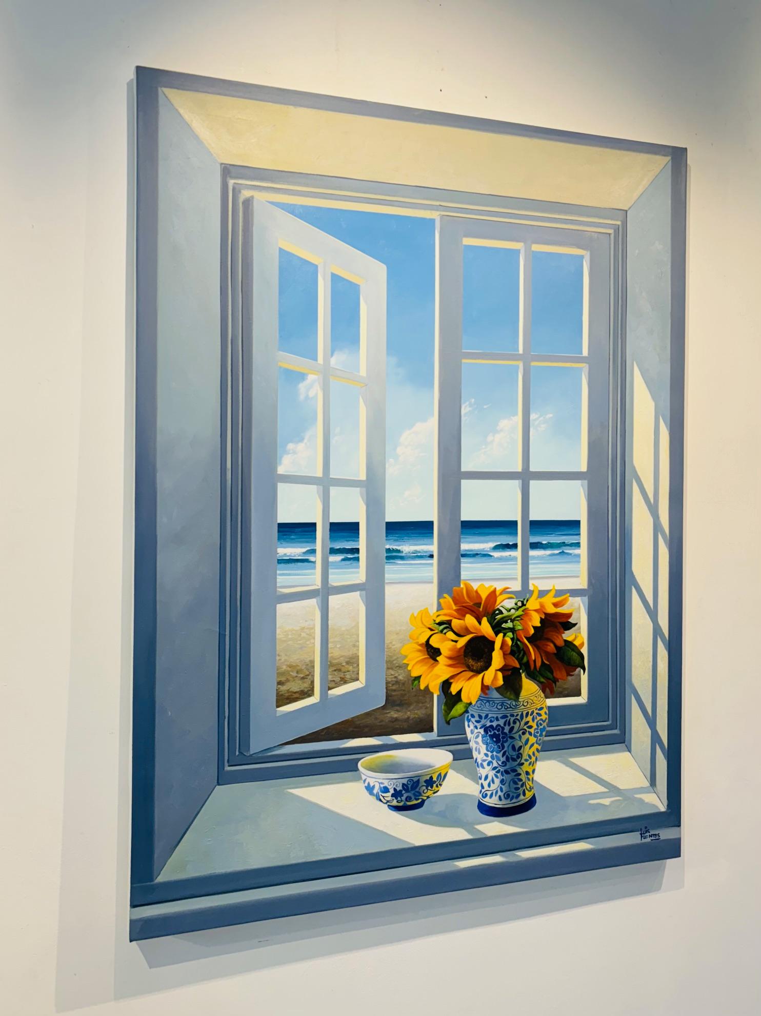 Sunlit Shores - pittura ad olio originale surreale e realistica di paesaggi marini floreali - Painting Realismo di Luis Fuentes