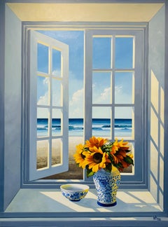 Sunlit Shores - pittura ad olio originale surreale e realistica di paesaggi marini floreali