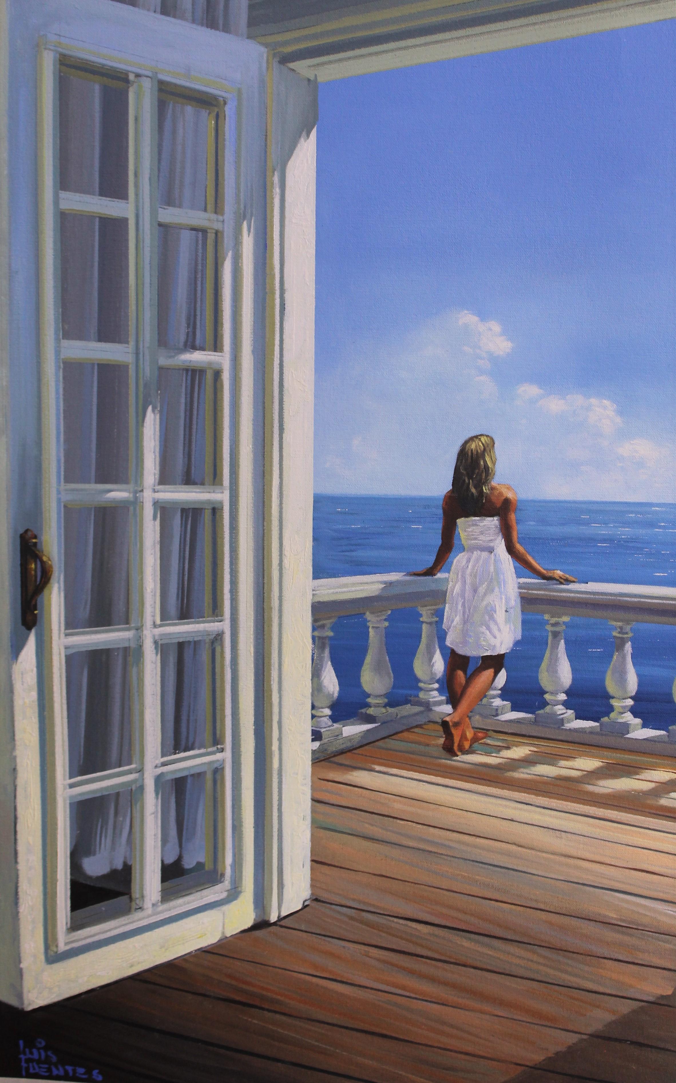 Luis Fuentes Landscape Painting - Sunny Balcony - Original light seascape oil painting modern contemporary art
