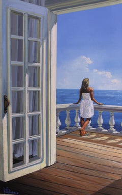 Sunny Balcony - Original light seascape oil painting modern contemporary art