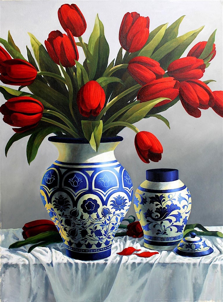 Luis Fuentes Tulips and Chinese Vase original Sea Landscape painting, Painting For Sale at 1stdibs