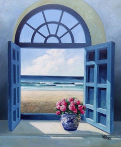 View With Peonies - original seascape ocean floral interior oil modern surreal 