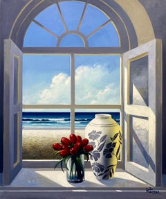 Window and tulips - original seascape oil painting