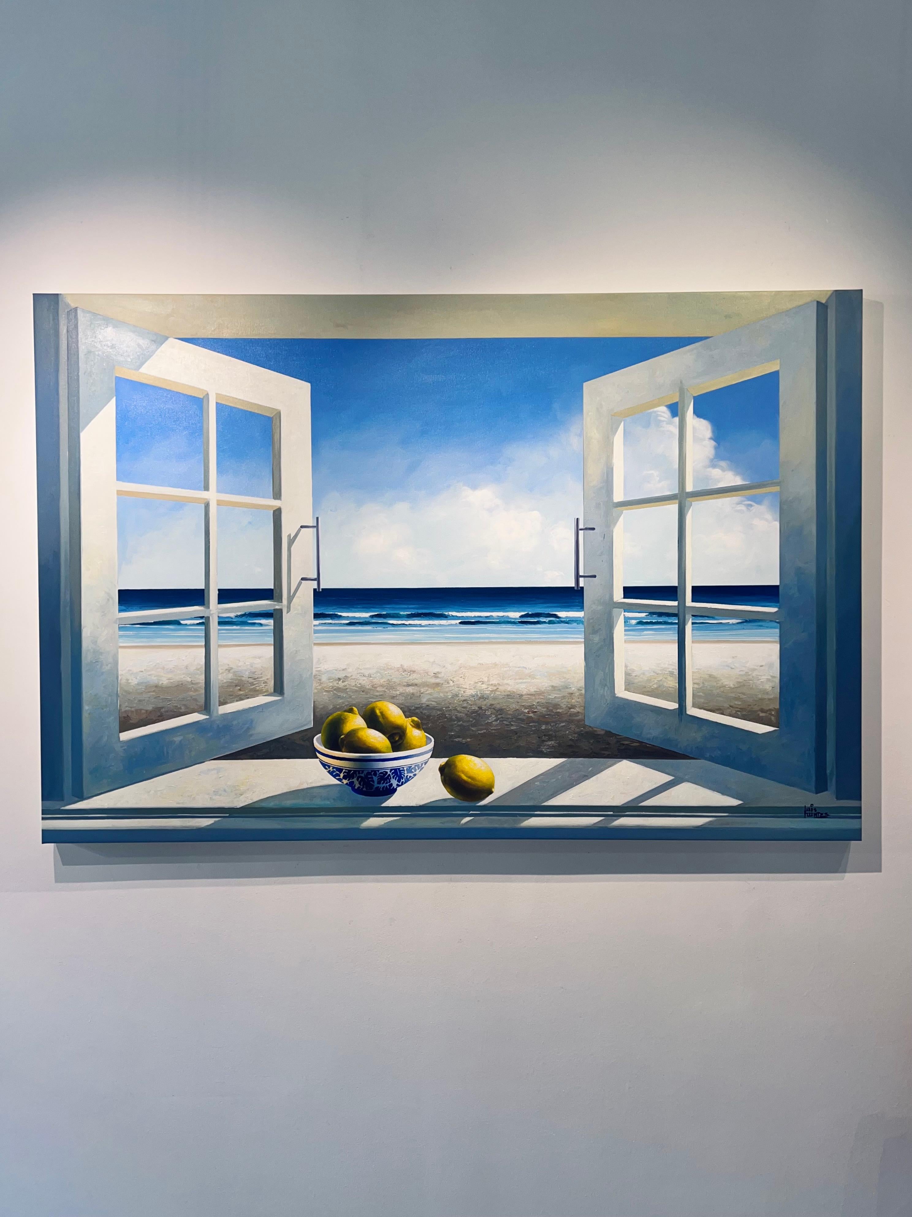 Window with Lemons - original surreal realism seascape oil painting- still life - Painting by Luis Fuentes