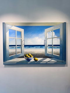 Window with Lemons - original surreal realism seascape oil painting- still life