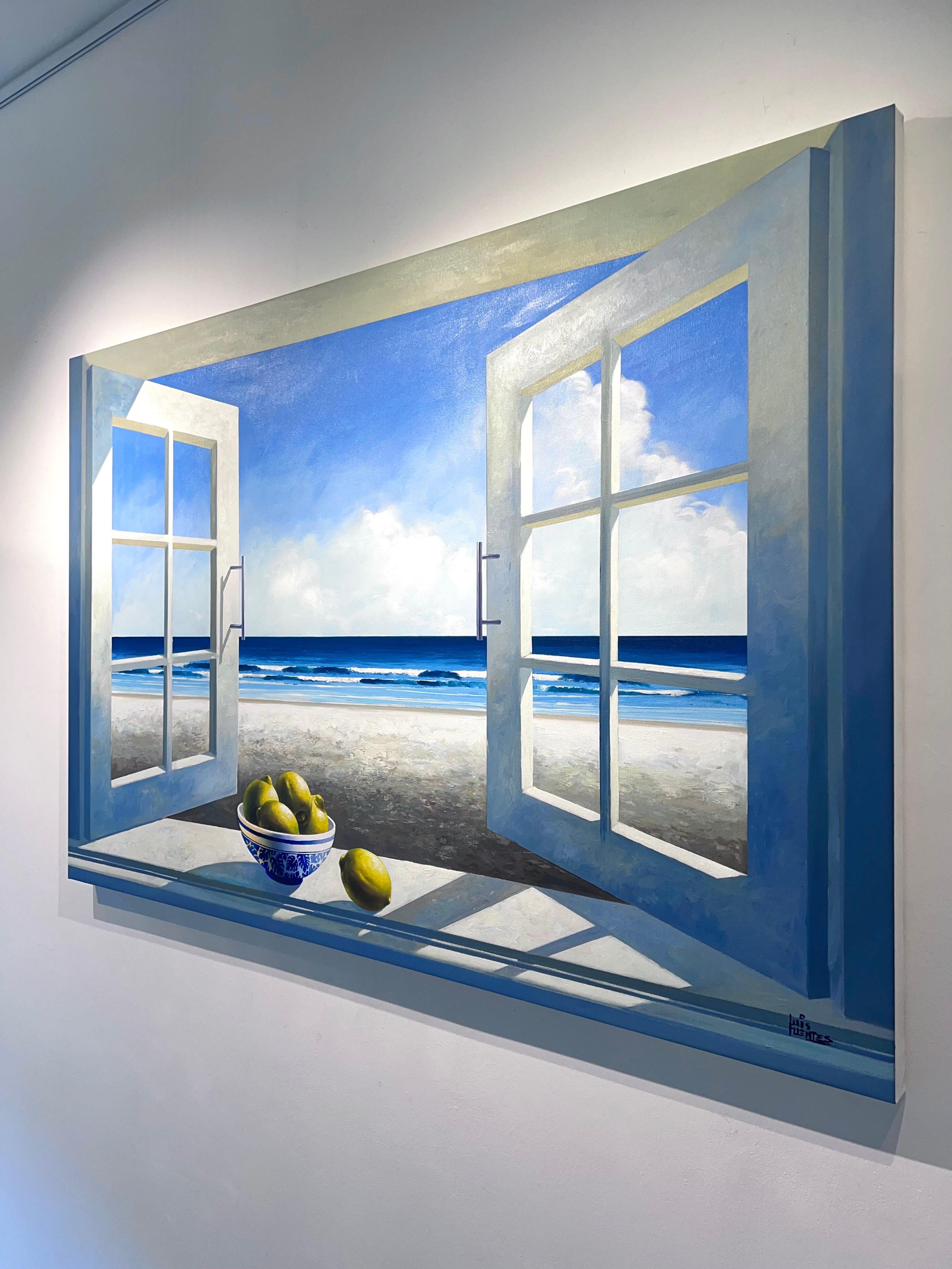 Window with Lemons - original surreal realism seascape oil painting- still life - Abstract Expressionist Painting by Luis Fuentes